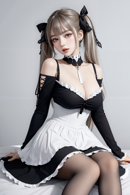 formidable(azur lane), long hair, solo, pantyhose, 1girl, between breasts, black dress, breasts, red eyes, frills, looking at viewer, white pantyhose, dress, large breasts, two-tone ribbon, white background, sitting, ribbon, frilled dress, cleavage, grey hair, simple background, very long hair, open mouth, bare shoulders, hair ribbon, blush, two-tone dress, twintails<lora:formidable:0.7>