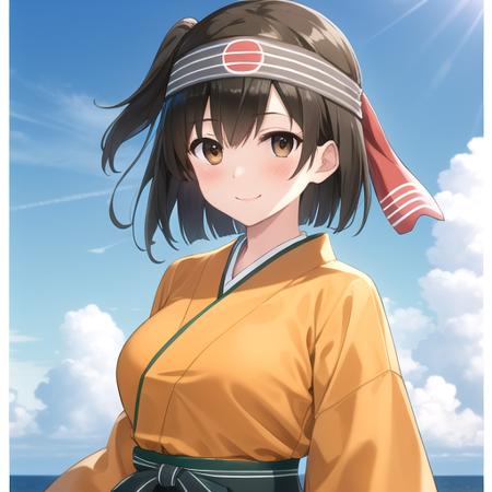 ((masterpiece)),(best quality),official art,extremely detailed CG,unity 8k wallpaper,ultra detailed,A lighthouse on a cliff by the sea,1girl,solo,upper body,(portrait:1.2),brown_hair,short_hair,headband,orange clothes,japanese_clothes,brown_eyes,smile,large_breasts,hakama_short_skirt,hakama_skirt,green hakama,blush,hachimaki,one_side_up,looking_at_viewer,<lora:Hiryuu(kan)>,