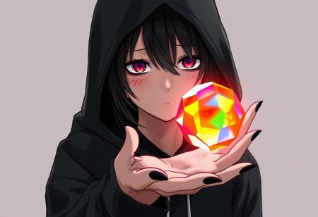 Tomoko Kurokiin in a black hoodie with a red distinct line drawn with make up under her eyes. Depressed looking. Full body picture. She has her hand out with floating rainbow orb with many sides that shines at the viewer a little above her palm. The orb has a very angular and rough surface, it looks like a crystal almost. Her hand has black painted nails that are medium length almond shape.