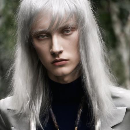 <lora:balenciaga:1>, balenciaga, 
, sgstyle, long hair, tall, male, silver hair, right eye silver, left eye red, mature, philosopher, serious, messy hairstyle, sophisticated outfit, intricate,female,busty, heterochromania,