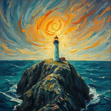 Oil painting, reminiscent of Van Gogh, depicting a solitary lighthouse perched atop a craggy, windswept cliff overlooking a turbulent turquoise sea. The sky is a swirling canvas of deep indigo and fiery orange, punctuated by streaks of golden sunlight breaking through the clouds. Thick, impasto brushstrokes capture the raw power of the ocean and the lighthouseâs steadfast resilience. A melancholic yet hopeful atmosphere pervades, with warm light illuminating the tower, suggesting a beacon of safety amidst the storm. cinematic, film, analog film stocks, Kodak Vision3 500T, Kodak Portra 400, Kodak VISION3 250D, Kodak Gold 200, Kodak Ektar, Kodak