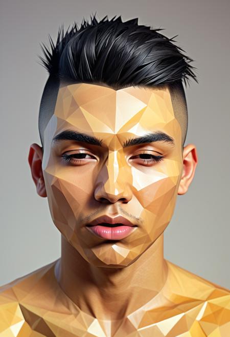 man made of polygon, hair made of polygon, clothes made of polygon, Polygonal shapes, geometric designs, three-dimensional models, ((low poly)), minimalism, straight on view, a young native American man, fashion model, razor fade (haircut), puckered lips with one eye closed and a wink, Close-Up Shot, (((polygon)))