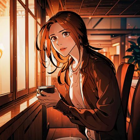 a woman drinking tea in a cafe, full body<lora:HayanLoRA:1> hayan, with, brown, hair, and, brown, eyes, 4k, high quality, ultra realistic, sharpen image, extremely detailed CG unity 8k wallpape, hdr, extremely intricate, High Detail:1, Sharp focus, soft cinematic light, looking at viewer, detailed pupils, 4k textures, soft cinematic light, cinematic look, insane details, hyperdetailed, Highly detailed,