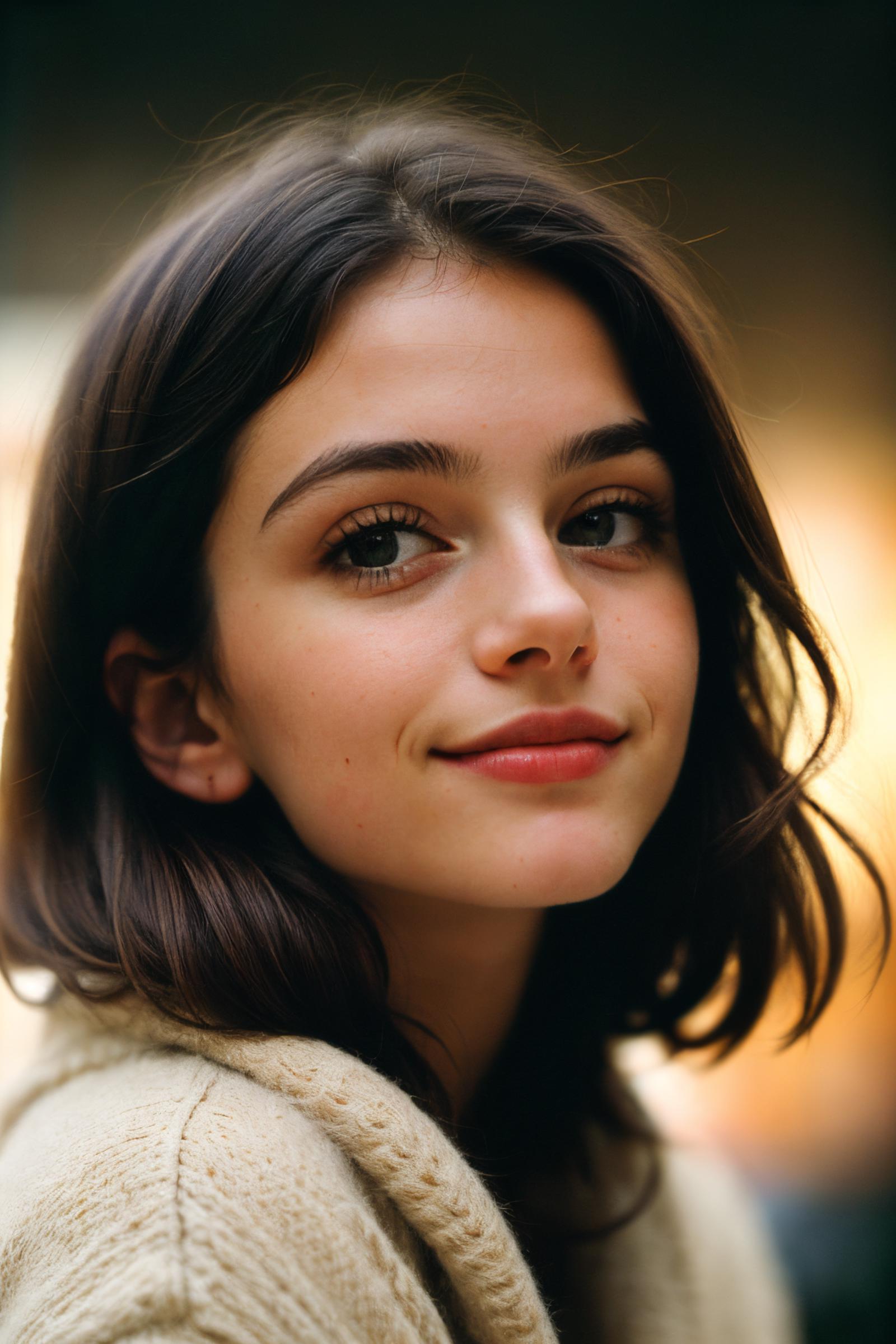A smiling young woman with brown hair and a white sweater.