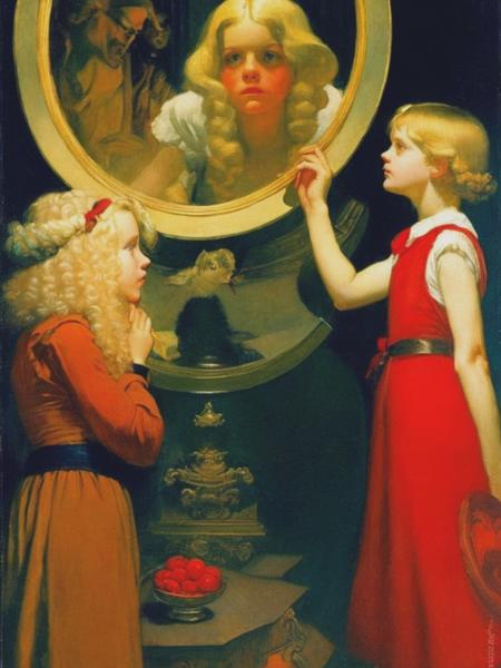 <lyco:JessieWillcoxSmith:1.0> painting of a blonde woman in the mirror Lucifer whispers to her, hell, terrifying, scary and surreal, sci-fi, sci-fi poster, Jessie Willcox Smith painting