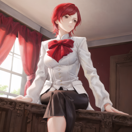 SolaUi a digital painting of a girl with red hair wearing all white, red satin jacket and a red bow, 1girl, solo, short hair, red hair, indoors, room background, sitting, a digital painting of a girl with red hair wearing all white, red satin jacket and a red bow, 1girl, solo, short hair, red hair, indoors, room background,