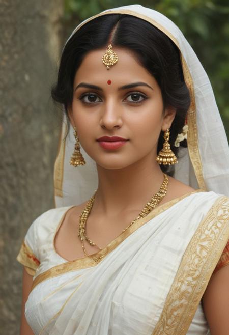 woman beautiful dark haired woman, kerala state white saree, tilak on head, lipstick colour will enhance the image