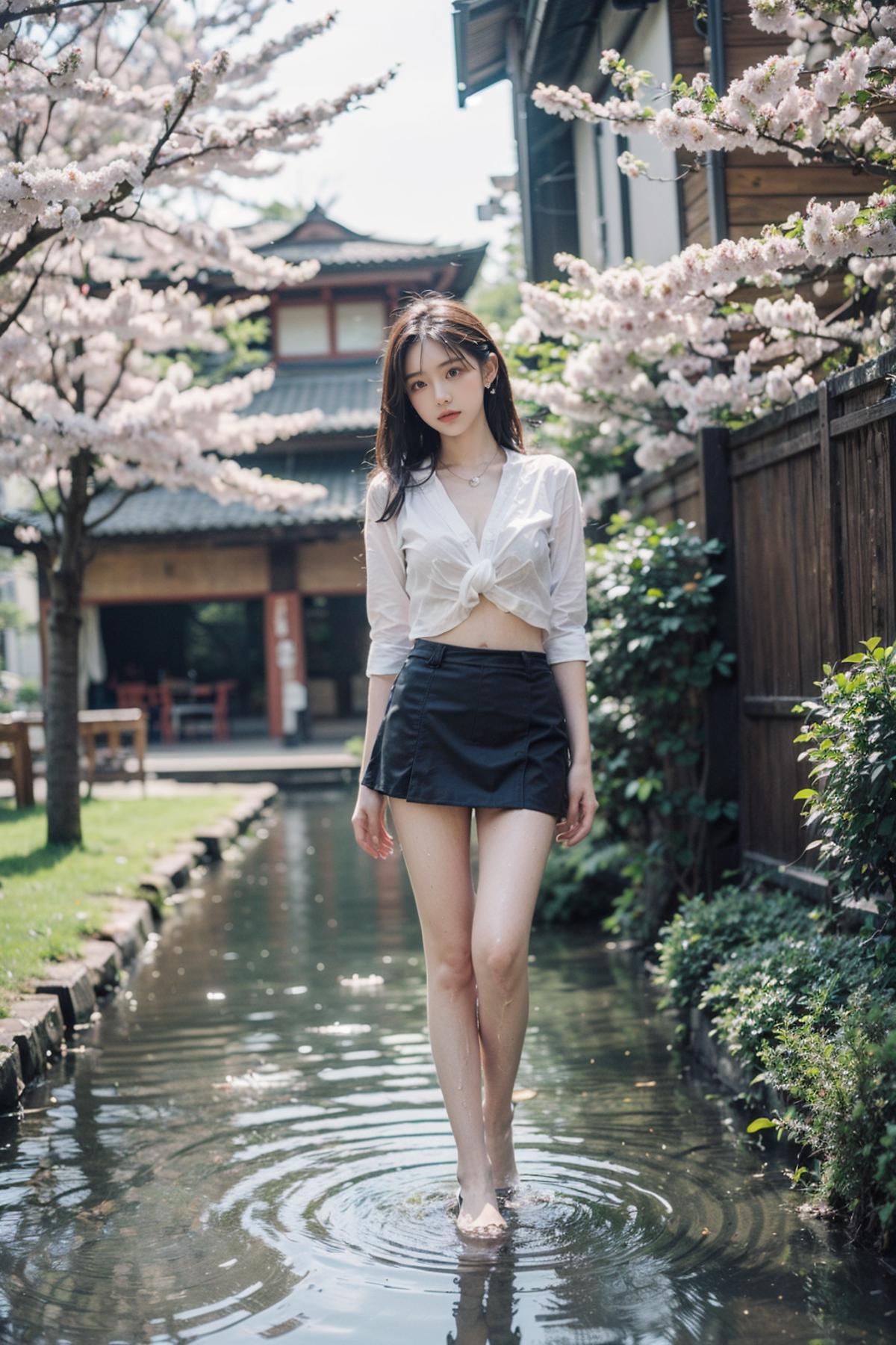 A young woman with a white shirt and black skirt walks through a pond.
