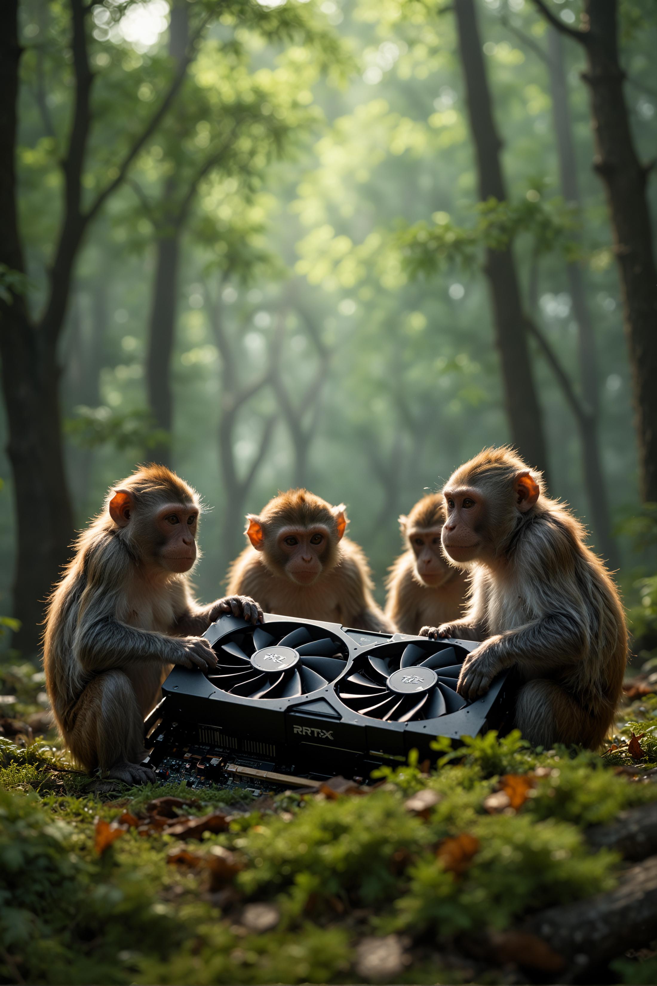 A group of monkeys surround an RTX 4090 graphics card in the forest