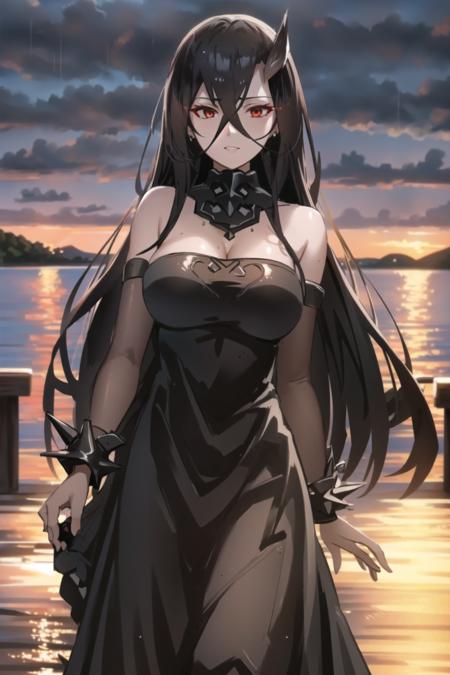 best quality, 4k, extremely detailed, concept art, Intricate, High Detail illustration, Sharp focus,
battleship water oni, abyssal ship, 1girl, red eyes, glowing eyes, crossed bangs, bare shoulders, black dress, black gloves, black hair, black legwear, colored skin, detached sleeves, hair between eyes,  single horn, spiked bracelet, strapless dress, very long hair, white skin
BREAK
water, ocean, sea, waves, rain, dark skies, dark clouds, storm clouds, cloudy sky, finely detailed background, amazing background