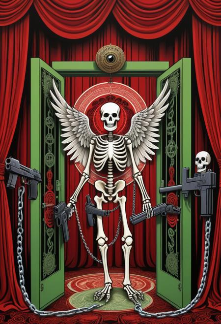 punk skeleton holding a gun, shepard fairey style , Majestic Eagles, Electronic Ink Displays, Lush Green Valley, Cloud Computing Facility, (zentangle, mandala, tangle, entangle:0.6), Kerberos ,red,chains,The Captive Angel,4 devil,slave,puppet,desert,black hole gate,curtain,ship, (Hyperreal:1.4), (((full body shot:1.5))), raw, emotional, dynamic, distortion for emotional effect, vibrant, use of unusual colors, cute cinematography, (realistic, photo realistic:1.4), detailed eyes, detailed face, detailed skin