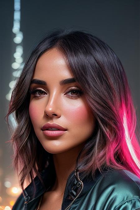 beautiful woman (Ay4S4m4h4-340:.99), beautiful hair, ((portrait)), (closeup:1.2), ((from the waist up)), (( A vibrant, neon-lit Dubai skyline at night :1.2)) , natural skin texture, (( Cropped Cargo Jacket :1.2)), 24mm, 4k textures, soft cinematic light, adobe lightroom, photolab, hdr, intricate, elegant, highly detailed, sharp focus, ((((cinematic look)))), soothing tones, insane details, intricate details, hyperdetailed, low contrast, soft cinematic light, exposure blend, hdr, faded, now, ("I've got a bad feeling about this.":1.1)