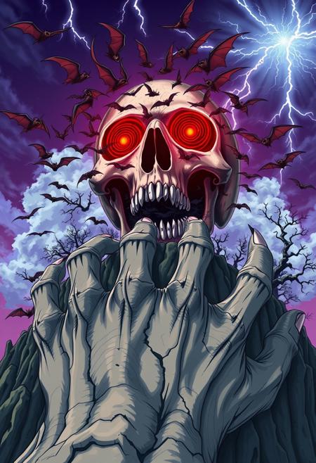 "Create an anime-style image of a massive, nightmarish scene: a giant skull with its mouth agape sits atop a hill, but the hill is actually a gargantuan hand, with fingers curled around the base of the skull like a fist. A swarm of ghostly bats erupts from the skull's mouth, flying in all directions and filling the air with their ethereal forms. The skull's eyes are two blazing red orbs, with black spirals swirling inward like whirlpools. The hand-hill is cracked and weathered, with ancient, gnarled trees sprouting from its surface. The sky above is a deep, foreboding purple, with lightning bolts illuminating the clouds. The image should be rendered in a dynamic, high-energy style, with bold lines, vibrant colors, and a sense of chaotic, supernatural energy. Think 'Berserk' meets 'Hellsing'."