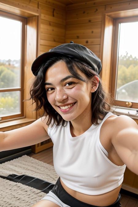 RAW photo, selfie, subject, high quality, armoutstretched, pov, personal, intimate, self-portrait, white male, handsome, black hair, ethnic, wearing a black cap, white crop top, smiling, room in background, sunny day, sunlight,