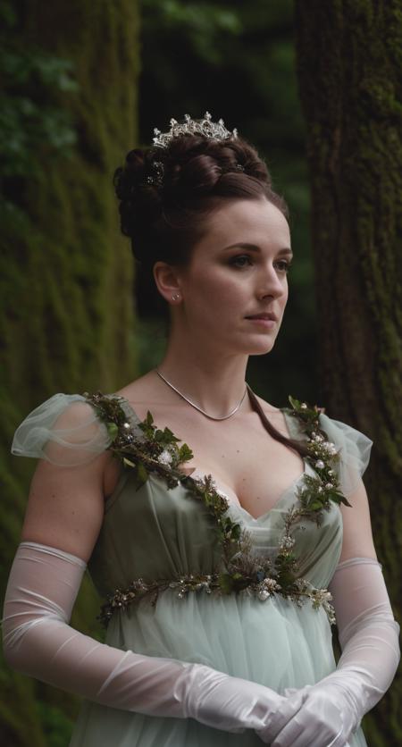 RAW photo, subject, 8k uhd, dslr, high quality, film grain, Fujifilm XT3, professional photo, (detailed skin:1.3), high quality, dress with lots of fabric layers, hard shadows,trim, young woman,  <lora:Bridgerton_Dresses:0.65> , bridgerton dress, empire waist, bridgerton clothing, gloves, (masterpiece, best quality, detailed, high resolution, vibrant colors, translucent), mystery, gothic, (macabre), (solo), full body, (dryad), half updo, hair ornament, silver trim, hurt, injured, wounded, runny makeup,  collar, cleavage, unnaturally pale skin,