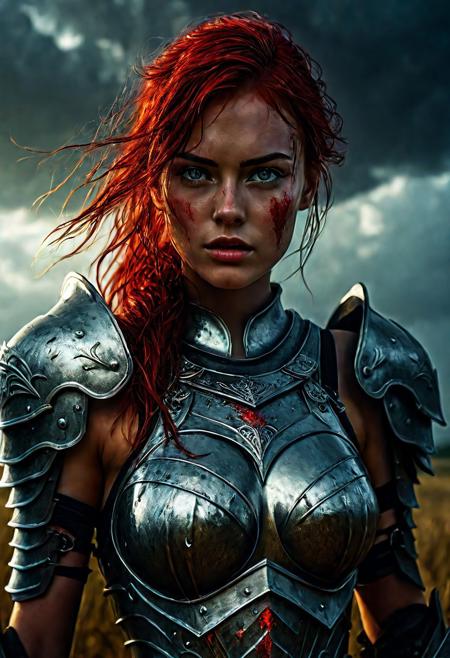 Ultra detailed digital art masterpiece beautiful Warrior girl dressed in a iron Armor and red mini skirt, Standing on a battlefield at the head of an army of knights, where a bloody slaughter is taking place, standing in battle pose, a dark epic fantasy, perfect lighting, beautiful Sadie Sink as Warrior girl, attractive woman, elegant, beautiful woman of athletic body, epic shot of the whole Warrior girl, unreal engine 5 nanite quality, dark fantasy, dark environment, very stormy day, LOTR style, dark washed out eyeliner, no make up, natural bloody pale face, realistic brown eyes, ultra detailed atmospheric details, beautiful glowing effects, sparkle effects, realistic body proportions, beautiful face proportions, complex masterpiece, wavy red hair, creative glowing detailed tattoos, complex physics, enhanced colors, complimentary colors, ultra detailed raytracing reflections, Ultra detailed complex background, environment feels alive, direct eye contact, dramatic lighting, wet and sweaty skin, beautiful firm Breasts, Daylight, Concept art by Greg Rutkowski, adding to the intense and dynamic atmosphere of the scene.