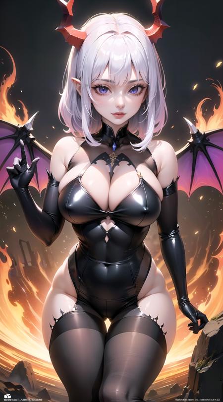 hi res, HD, anime, sharp, extremely coloured, mature 1woman, beautiful, shiny skin, translucent eyes, demon, hell, shorty, busty, detailed face, white skin, (fractal)