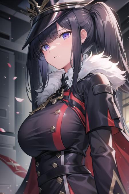 peterstrasser, <lora:peterstrasser-lora-nochekaiser:1>,
peter strasser, black hair, hair over one eye, long hair, one eye covered, (purple eyes:1.1), twintails,
BREAK armored boots, black coat, black footwear, black ribbon, boots, buttons, cape, coat, fur trim, fur-trimmed cape, gloves, hat, high heels, military hat, peaked cap, red cape, ribbon, stiletto heels, white gloves, white headwear,,
BREAK looking at viewer,
BREAK indoors,
BREAK <lyco:GoodHands-beta2:1>, (masterpiece:1.2), best quality, high resolution, unity 8k wallpaper, (illustration:0.8), (beautiful detailed eyes:1.6), extremely detailed face, perfect lighting, extremely detailed CG, (perfect hands, perfect anatomy),