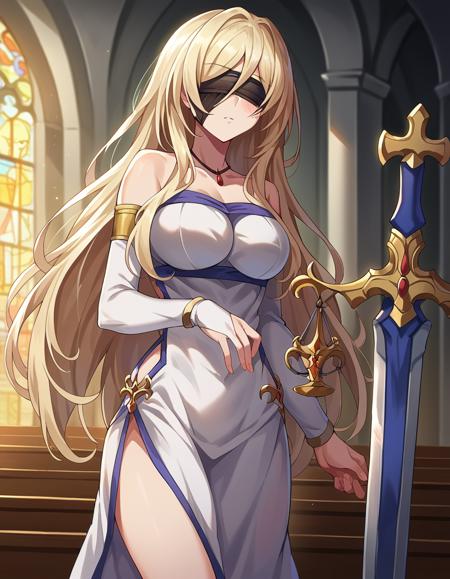 sword maiden, long hair, bangs, blonde hair, blindfold, covered eyes, black blindfold, dress, jewelry, weapon, sword, necklace, white dress, bare shoulders, collarbone,