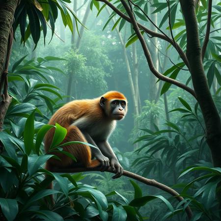 A photorealistic image of a jungle with a monkey similar to the one from Bali