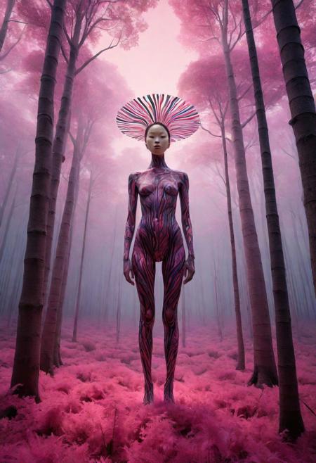A surrealistic fusion of Reuben Wu's ethereal landscapes with Nick Knight's hyper-realistic models. A Synthetic forest of barcode trees, where creatures with Taro Okamoto's biomechanical limbs frolic and play. The sun sets in vibrant, electric hues, casting long, synthetic shadows that distort the Sharp Focus images of the models. In the distance, a satellite hovers, projecting old school designs onto the landscape, OverallDetail
