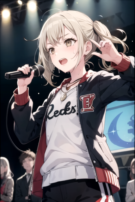 <lora:AzusawaKohane-06:0.5>, kohane, 1girl, solo, open mouth, blonde hair, simple background, shirt, long sleeves, hat, holding, twintails, brown eyes, jewelry, jacket, yellow eyes, sweat, open clothes, teeth, medium hair, necklace, open jacket, black headwear, short twintails, black background, microphone, grey shirt, red jacket, music, holding microphone, singing, letterman jacket