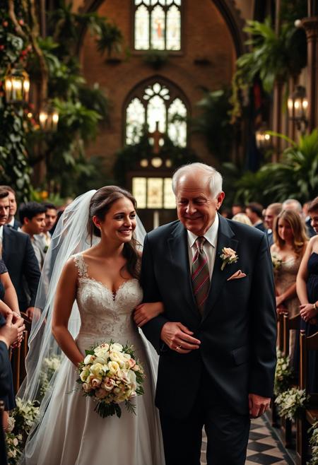 In a thousand year old cathedral decorated with luxuriant plants, a close up of an emotional bride being walked toward the alter by her aging father, the solemn silence of the guests make the time feels as if stopping, the bride crying from a the emotional overload is looking smiling at the old man who's supported her into adulthood, the father is marked by the passage of time but we can still tell he used to be very handsome, a reassuring confidence about him gives a warm softness to the scene