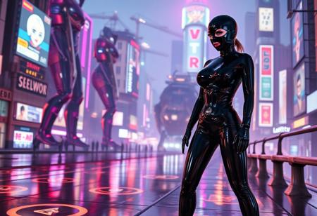 a cowboy shot of A woman dressed in a sleek black latex catsuit and black latexHood stands in a post apocalyptic setting. The catsuit clings to her form, reflecting the ambient neon lights that illuminate the scene. She stands in a high-tech cityscape, surrounded by towering giantess cyborg women with holographic advertisements and flying vehicles zooming through the air. The ground beneath her is a glossy, metallic surface with futuristic symbols glowing faintly. The atmosphere is a mix of cyberpunk and sci-fi, with vibrant neon colors contrasting against the dark, sleek architecture. she has no hair.