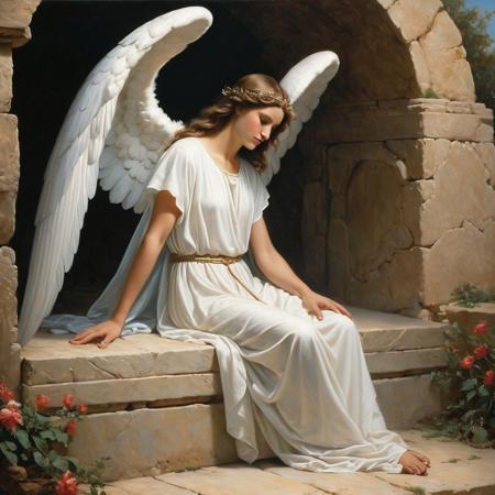Painting Gorgeous beautiful pretty guardian angel guarding Jesus christ buried tomb