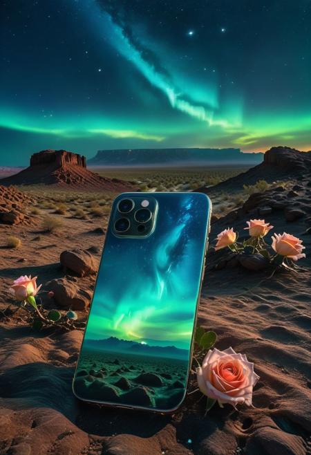 fantasy desert of a smartphone, the stars and aurora intertwined under the night sky, the smartphone interacts with the technology phone to create a dynamic light and shadow effect, the tone of the night sky is deep navy blue, blended into the naturally luminous lens fluorescent blue of the phone Rose stars, these stars contrast with the scattered rose stars. The aurora shows a gradient from emerald green to sky blue, adding a layer of dreamy mobile phone color layers to the night sky. The gradient color, the desert on the ground is presented in darker tones. , providing a balance for the gorgeous skyline above, The entire scene is rendered with high definition, dreamy, and full of the charm of exploring the unknown.