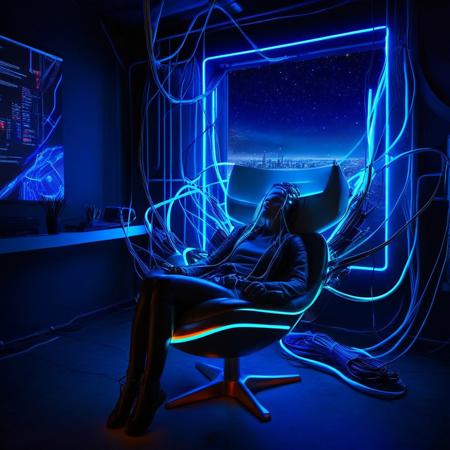 7-jackedin, girl, lounging in a chair, cables coming from head, sci fi, cyberpunk, realistic, glowing fiber optic cables, futuristic office, LEDs, neon lights