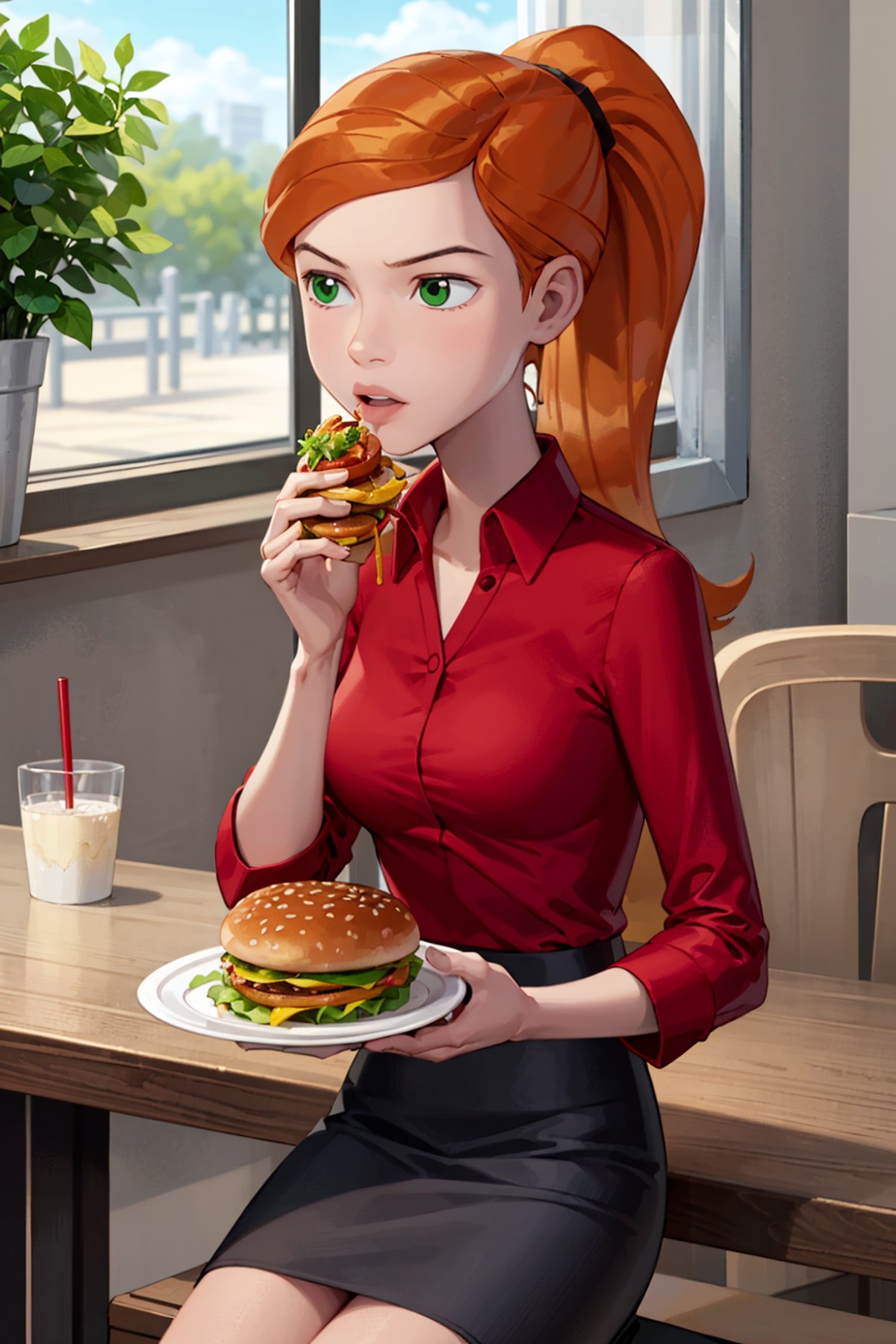 1girl,solo,eating,hamburger,mcdonald,ponytail,orange hair,green eyes,lips,red shirt, long sleeves, skirt