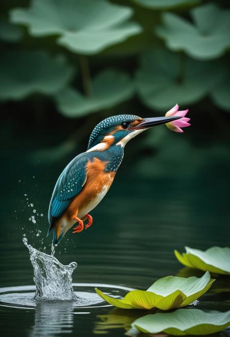 Kingfisher bird diving into the water of a lake, very realistic photography, forest background and lotus flowers