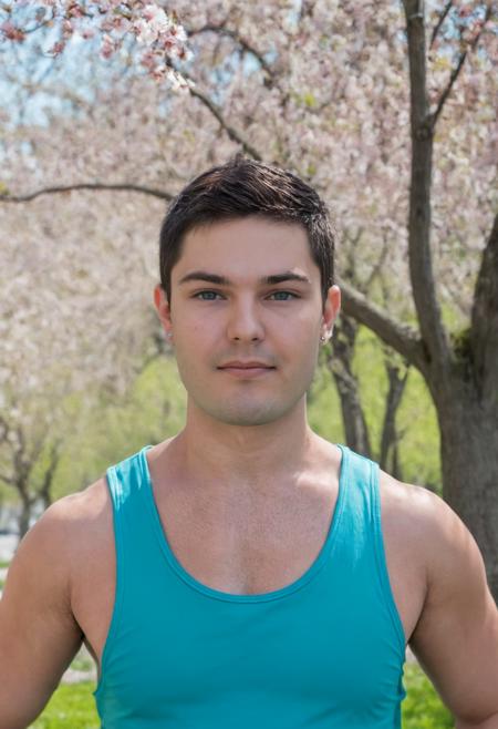 close-up head shot photo of twk sc_tanner wearing a teal tank top, <lora:sc_tanner_xl-16:1>, blurred springtime background, relaxed welcoming expression