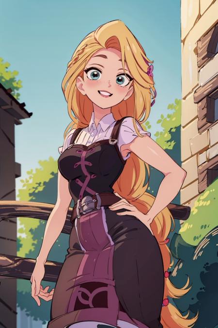 (masterpiece, best quality, high resolution:1.4), rapunzel, (long braid:1.3), looking at viewer, adventure outfit, smile, outdoors, <lora:Rapunzel_v22:1> dungeon,