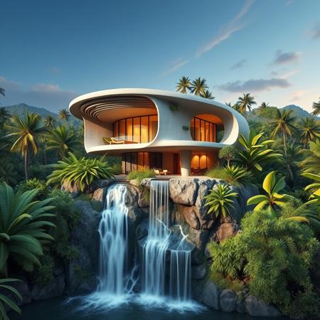 A futuristic concrete modern house on a waterfall inspired from a famous architect, with exotic luxuriant vegetation around, in a tropical jungle setting, photorealistic, a masterpiece, 4K, high details