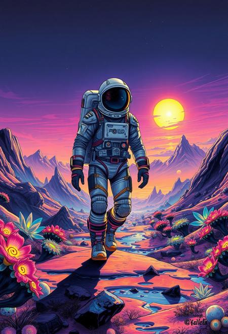 astronaut walking, alien planet, glowing sun, bioluminescent plants, surreal landscape, futuristic space suit, twilight sky, alien flora, jagged mountains, vibrant colors, dreamy atmosphere, science fiction, cosmic exploration, lone explorer, cinematic lighting, masterpiece, art by Akseli Gallen Kallela, colorful,(ultrarealistic but extremely beautiful:1.4), (best quality:1.2), (high detailed), inkpunk,ink stains,(ink splashes:1.5), clear focus, amazing composition,, award-winning, professional, highly detailed, (white background:2), black brown gold,