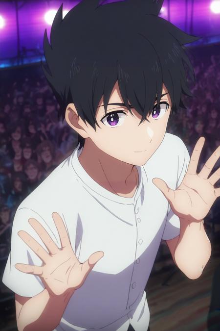 ryuunosuke_minakata, black hair, purple eyes, short hair, bangs, hair between eyes