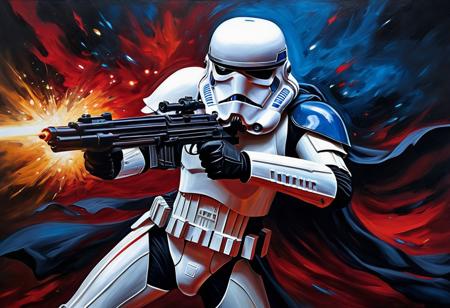Hyperrealistic Concept art. Star Wars Renaissance painting. A single Stormtrooper  in combat. Oil on canvas Deep, rich colors and heavy brushstrokes. Muted red and blue tones. Highly expressive, emotive and vibrant. 64K resolution, magnificent, mysterious, chaotic, intense, epic, masterful, Templar inspired, bold, dramatic. gothic art