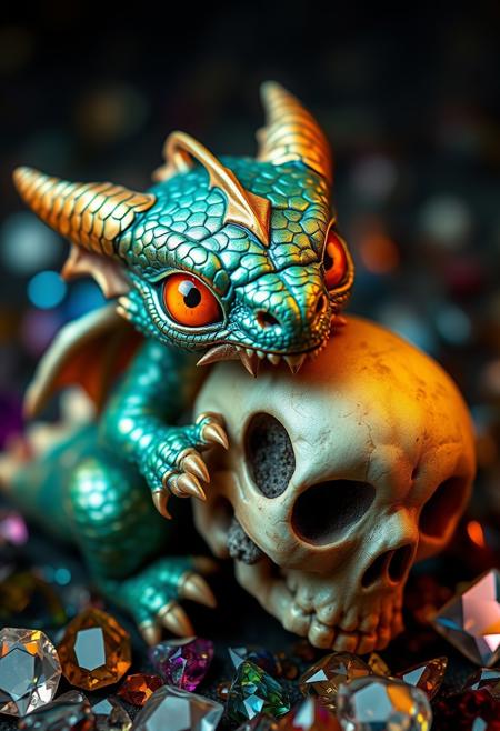 An adorable small dragon chews on a skull. Small pointy dragon teeth.  Iridescent dragon scales.  Glowing orange eyes. Background filled with multicolored gemstones.