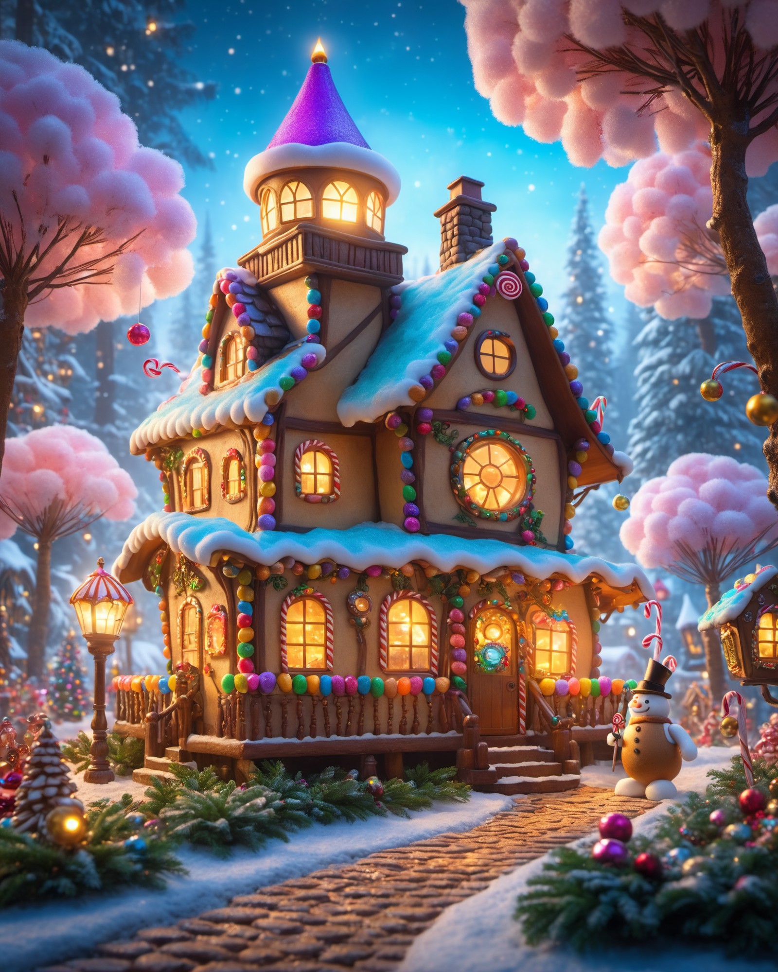 gingerbread candy house, candy cobblestones, gingerbread,  gumdrops, cotton candy, steampunk, cinematic scene, art deco, s...