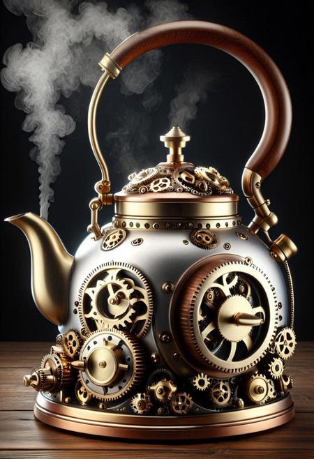 g3ars, made out of gears, steampunk kettle with clockwork mechanism, brass and copper parts, gears integrated into spout and handle, precision design, elegant metallic texture, small clock embedded on the lid, steam rising gently, placed on vintage wooden surface, fusion of object and mechanical art, high detail, ornate details, victorian design, gentle steam, soft glow, highlighted cogs, rotating elements