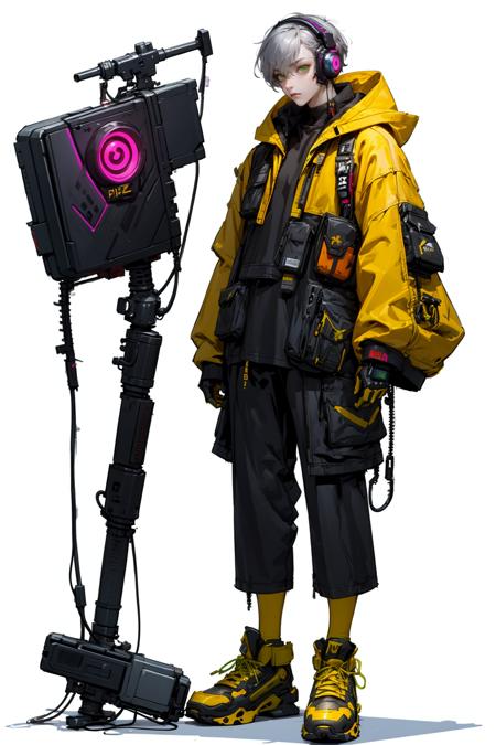 HEZI,(Cyberpunk:1.5),(Character design:1.2),science fiction,game characters, solo, humanoid robot, 1boy, male focus, robot, white background, jacket, yellow jacket, shorts, helmet, fingerless gloves, gloves, black pants, full body, shoes, standing, orange footwear, pants, belt, shadow, yellow footwear, yellow hoodie, baggy pants, mecha, cable, no humans, long sleeves, one-eyed, simple background, fanny pack, yellow gloves, grey hair, mask, boots, sneakers, black shorts, green eyes, hood, looking at viewer, looking ahead, cyberpunk, clenched hands, shirt, pouch, sleeves past wrists, headphones, yellow shirta,<lora:èµå:0.7>,