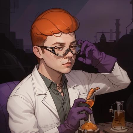 (masterpiece), (extremely intricate), fantasy, ((photo of a boy scientist, orange hair, glasses, purple gloves, white closed lab-coat)), (perfect composition:1.4), aspect ratio 1:1, bus station night time, deviantart hd, artstation hd, concept art, detailed face and body, award-winning photography, margins, detailed face, professional oil painting by Ed Blinkey, Atey Ghailan, Jeremy Mann, Greg Manchess, Alex Gray, trending on ArtStation, trending on CGSociety, intricate, high detail, sharp focus, dramatic, award winning matte drawing cinematic lighting octane render unreal engine volumetrics dtx <lora:dextr95_V12:0.75>