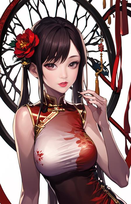 1girl,upper body,fashi-girl,china dress,chinese clothes,hair flower,(masterpiece:1.4),(best quality:1.4),(shiny skin),red lips,looking at viewer,large breasts,parted lips, <lora:DNFfengge:0.8>