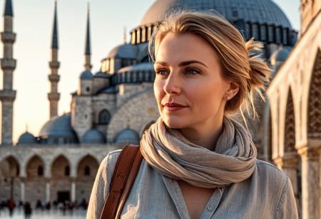 A hyper-detailed, ultra-photorealistic 8K travel portrait of a 40-year-old woman with sleek blonde hair tied back. She has soft wrinkles, subtle expression lines, pale skin with natural texture, and realistic facial details. The face is symmetric and rendered with lifelike shading and consistent lighting. Walking past the Blue Mosque in Istanbul at sunset. She wears high-rise beige jeans, a soft grey linen blouse, and a lightweight scarf draped over her shoulders. In her hand is a Nikon D5300, and a worn brown leather shoulder bag crosses her chest. Her face glows with warm golden Turkish light. Shot with Nikon D5300, 50mm lens, f/2.8, ISO 100. Background: softly blurred domes and minarets. Style inspired by Steve McCurry's vibrant portraits with rich cultural context. realistic human face, accurate eyes and mouth, high detail, no distortion, not a real person.