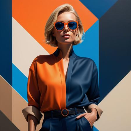 Ultra realistic color pencil  image of
a fashionable woman with short, stylish blonde hair, wearing oversized dark-brown sunglasses and an elegant  Cinch front top and loose slacks.. She stands confidently against a modern, geometric background with vibrant colors including orange, blue, and beige. The art style is sleek and contemporary, with a focus on bold lines and sharp contrasts, creating a chic and sophisticated atmosphere.
BREAK
Dark theme, dynamic lighting, (soft shadows), (soft focus), (photo realistic), uhd, 8k