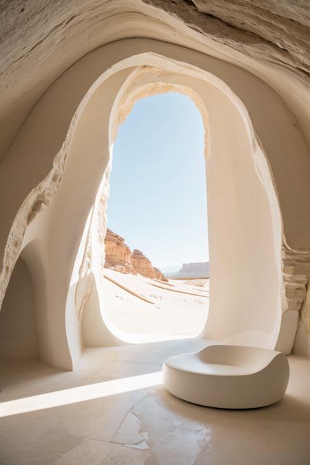 award winning interior photo, photograph, ultra photorealistic, photorealism, fim still of inside a modern white spacious (smooth stone cave:1.2), furniture, smooth shading, desert, daylight, bright colors, hyper realistic, modern, surreal, lights, six n five, minimalistic studio architecture, behance, halation, bloom, dramatic atmosphere,  rule of thirds, 8k uhd, dslr, high quality, film grain, cinestill, taken with hasselblad H6D 100c, the HCD 24mm lens