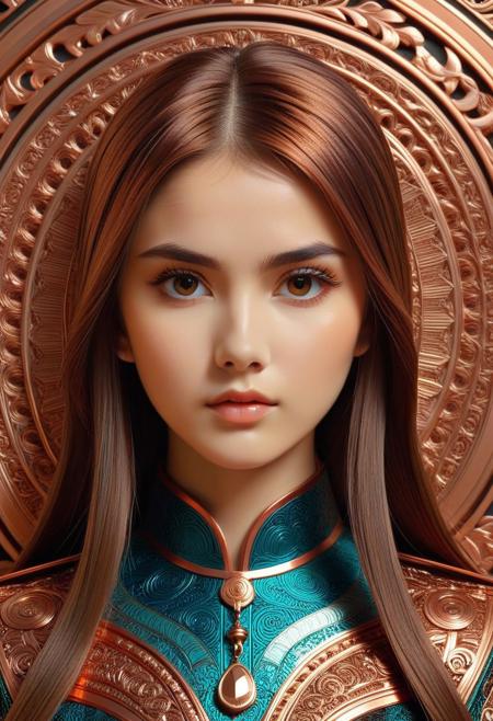 CopperCopper theme, intricate details, ultra sharp, exquisite detail, flawless composition, vivid colors, masterpiece, Super model, portrait, stoic, expressionless, beautiful, photorealistic, UHD, 8K, masterpiece, detailed, ultra_high_resolution, lots of detail, YurYuna, brown hair, modest, sfw, gorgeous, looks beautiful and aesthetic, colorful background, key visual, luxurious, artistic, high resolution, digital art, visual aesthetics, contemporary design, vibrant colors, artistic composition,  elegant, intricate detailing, modern,