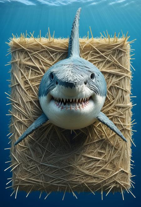 Front view of a great white shark made of straw, beautiful tropical sea, photograph, realistic, detailed, high quality